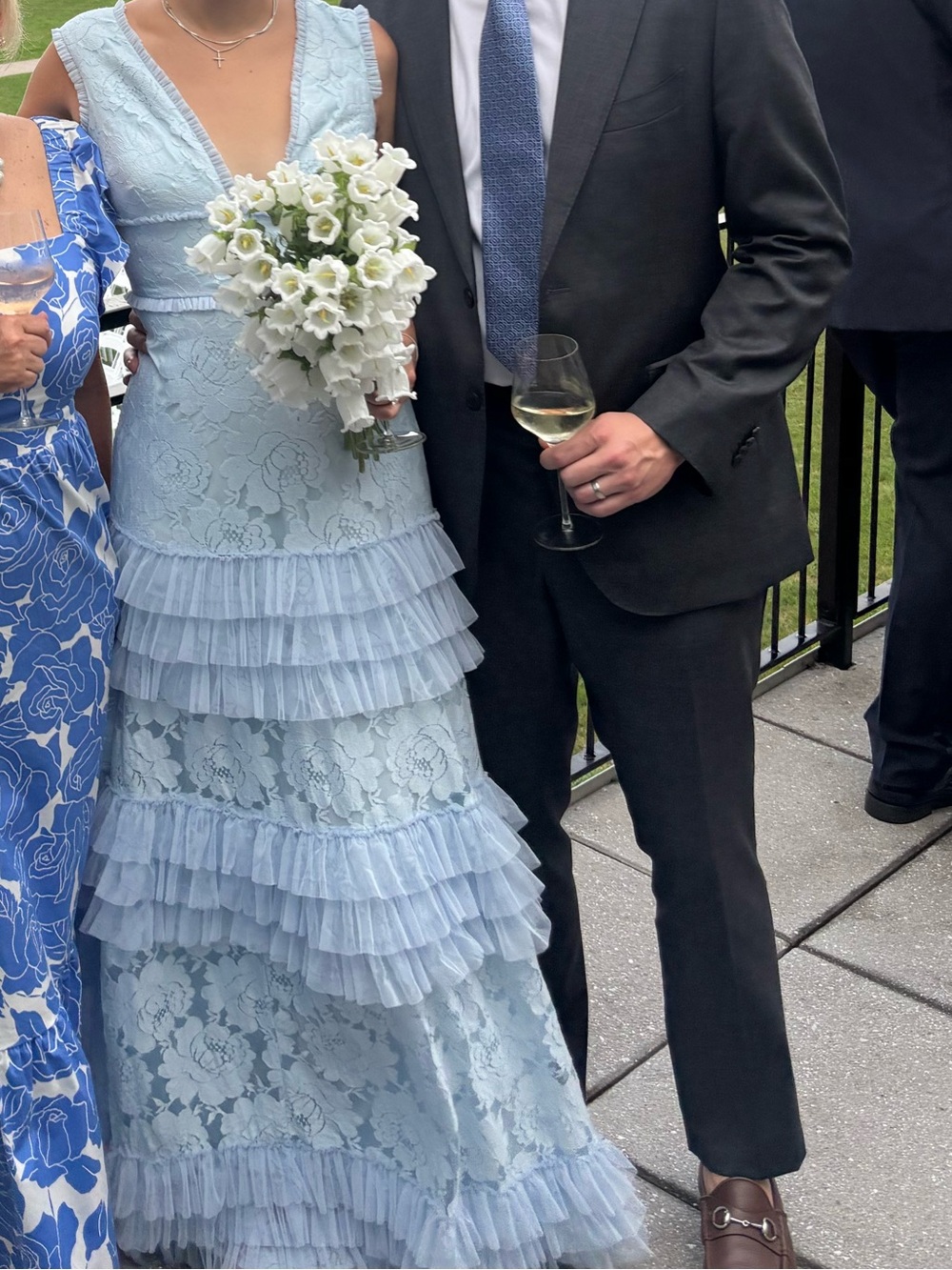 Mac Duggal V Neck Lace Tiered Ruffle Gown